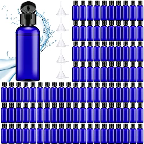 Eccliy 100 Pack 2 oz Travel Bottles Plastic Bottles with Lids Refillable Travel Size Cover Cap Plastic Liquid container for Toiletries Lotions Shampoo Creams Dispensing with 5 Funnels(Blue)