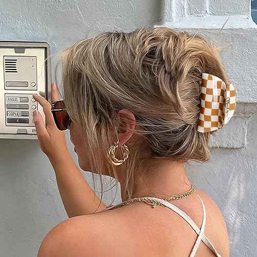 Brown & White Checkered Hair Clips, 3 Pack - Includes Square, Semicircle, and Rectangle Claw Clips for Thick or Thin Hair, Hair Accessories for Women and Girls