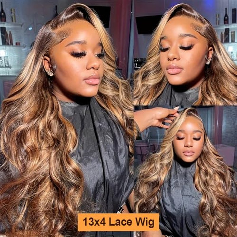 Highlight Ombre Lace Front Wig Human Hair 26In Honey Blonde Wig Human Hair Body Wave Lace Front Wigs Human Hair 180 Density Frontal Wigs Human Hair for Women 4/27 Colored Pre Plucked with Baby Hair