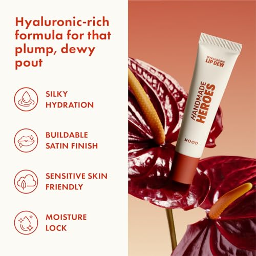 Handmade Heroes 100% Natural Vegan Tinted Lip Gloss with Hyaluronic Acid - Lightweight Moisturizing Soft Lipstick for Dry Lips - Mood (Dark Red)