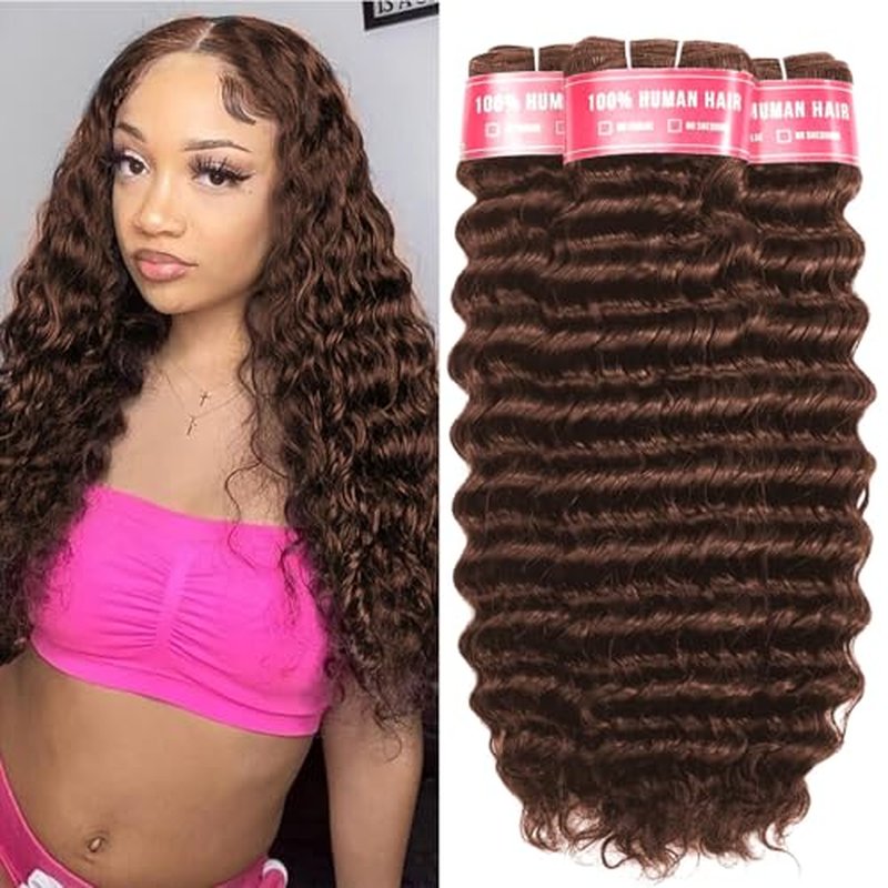 12A Deep Wave Bundles Human Hair 16 18 20 Inchs Brown Human Hair Bundles Deals 3 100% Brazilian Curly Deep Wave Extensions