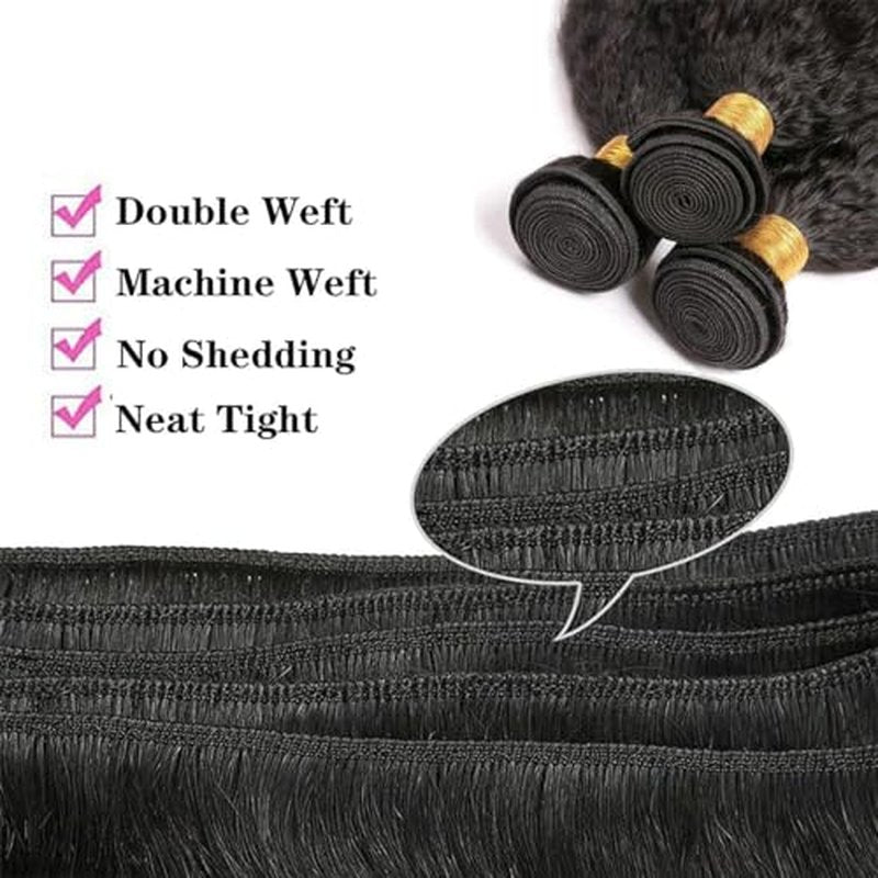 Hair Bundles 12A Yaki Kinky Straight Human Hair 3 Bundles 100% Unprocessed Mongolian Virgin Human Hair Kinky Straight Bundles Yaki Hair Natural Color (20 22 24)