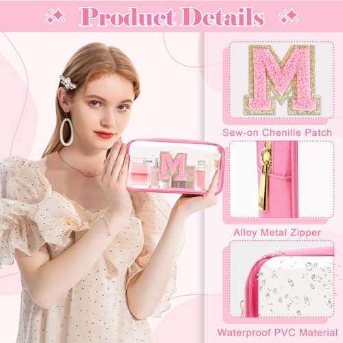 Personalized Initial Letter Clear Makeup Bag,Preppy Small Nylon&PVC Cosmetic Zipper Bag with Chenille Letter,Portable Beach Travel Skincare Toiletry Bag,Trendy Monogram Gift for Teen Girls Women,M