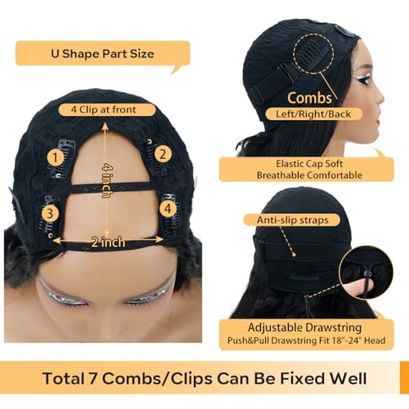 U Part Human Hair Wig Body Wave Drawstring Wig 180% Density U Part Wig Brazilian Virgin Human Hair wigs for Women Full Head Clip in Half Wigs Glueless No Leave Out Lace Front Wig Natural Color 18inch