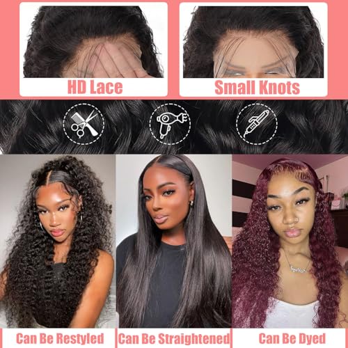 Water Wave Lace Front Wigs Human Hair 13x4 HD Transparent Lace Frontal Wigs Human Hair Pre Plucked 180% Density Water Wave Wig for Black Women Natural Color 16 Inch