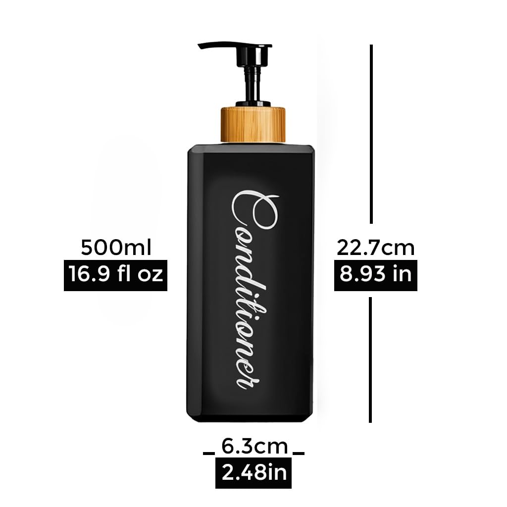 uMadeUs Refillable Shampoo and Conditioner Dispenser - Essentials Toiletries Accessories for Containers, Toiletry Lotion Liquids Bottle Soap Container Set - Black Square Bamboo Cap 1