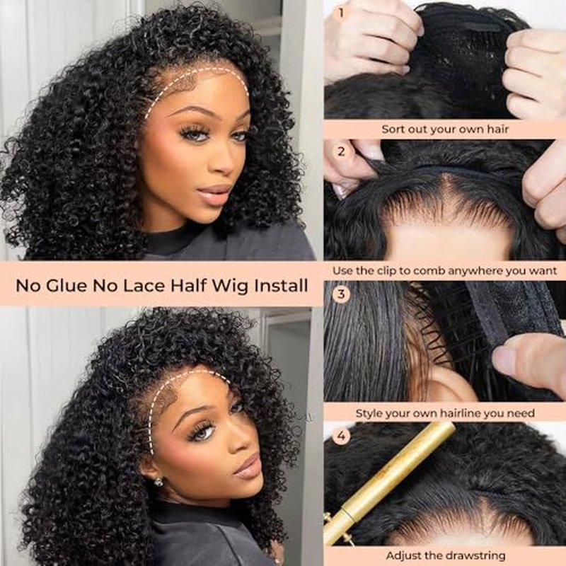 Ali Pearl Curly Half Wig Human Hair Real 180% Density Glueless Upgrade 3 IN 1 Half Wig with Drawstring Seamless Clip ins Flip Over Kinky Curly Human Hair for Beginner Friendly No Glue No Lace16 Inch