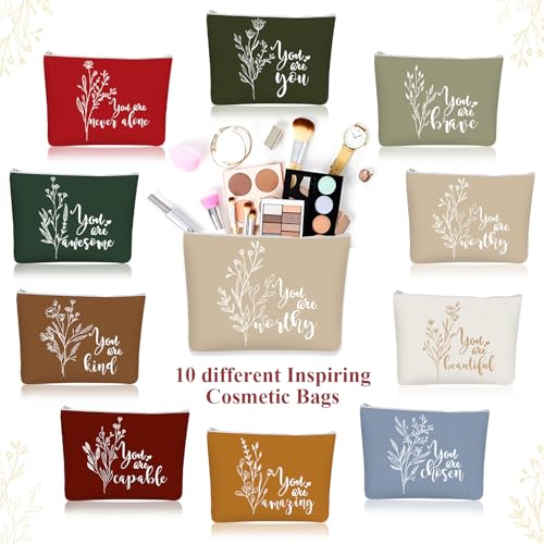 Coume 10 Pcs Boho Flower Canvas Makeup Bags Bulk, Christmas Aesthetic Inspirational Quotes Cosmetic Zipper Encouragement Travel Pouch Toiletry Bag Women Teacher Friend Birthday Gift