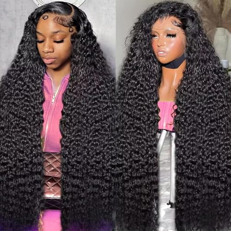 Deep Wave Lace Front Wigs Human Hair 13x6 HD Transparent Lace Front Wigs Human Hair 200% Density Deep Curly Human Hair Wig Pre Plucked Deep Wave Frontal Wigs Natural Color 24 Inch