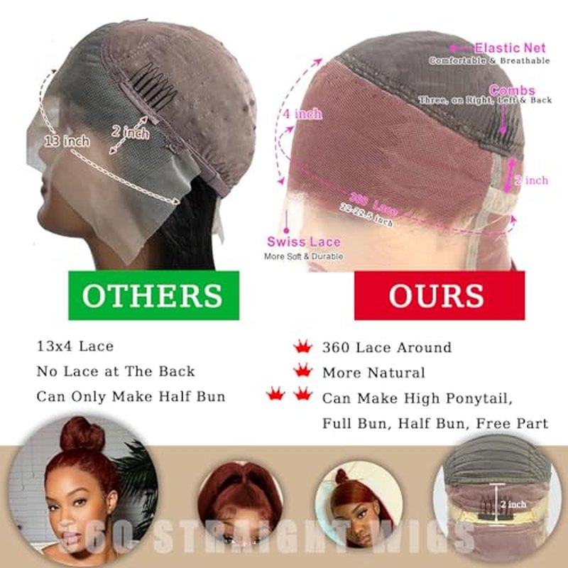 360 Wig Human Hair Full Lace Straight 360 Reddish Brown Lace Front Wigs Human Hair Ponytail Wig 360 Auburn Wigs for Black Women Pre Plucked Virgin Hair Colored Wig Natural HairLine 24 Inch