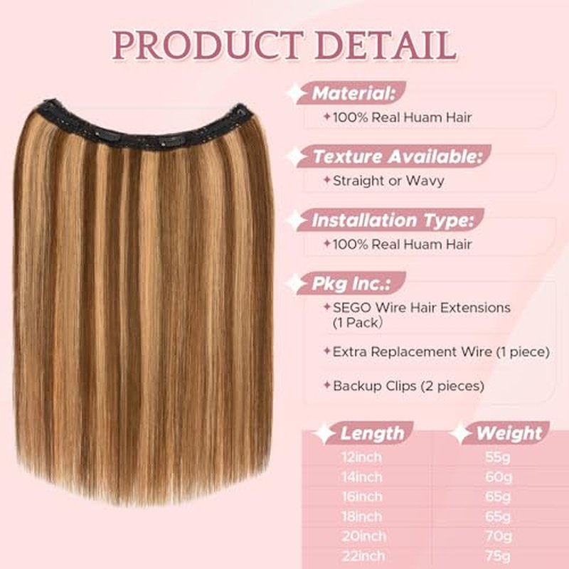 SEGO Invisible Wire Hair Extensions, Real Human Halo Hair Adjustable Wire Extensions, 2 Clips for Women Transparent Fish Line Extensions, Add Length, 18 inches, Medium Brown Mixed Dark Blonde, 65g
