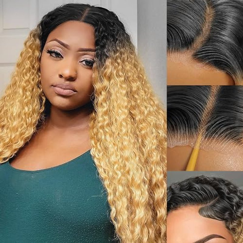 Curly Human Hair Wig Omber T 27 Lace Frontal Closure Deep Curly Human Hair Wig Pre Plucked Pre Cut Lace Frontal Closure Glueless Wigs Elastic Band 200% Density