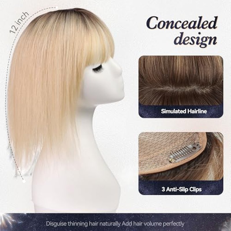 starluck Hair Toppers for Women Real Human Hair with Bangs 4.5"*5.5"Large Base 14 Inch 100% Real Human HairToppers for Women with ThinningHair Cover Gray Roots(ombre Light Blonde)