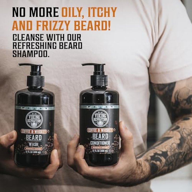 Viking Revolution Coffee Whiskey Beard Wash and Beard Conditioner Set with Argan and Jojoba Oils - Softens and Strengthens - Coffee Whiskey Scent - Beard Shampoo with Ginseng Root Extract (17 oz)