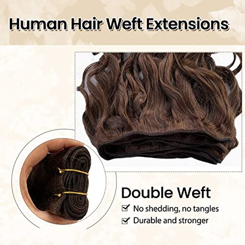 Sew in Hair Extensions Real Human Hair 24 Inch 120G Curly Weft Hair Extensions Human Hair #4 Medium Brown Natural Wave Sew in Human Hair Weft Weave Bundles Double Weft Hand Tied Weft Human Hair