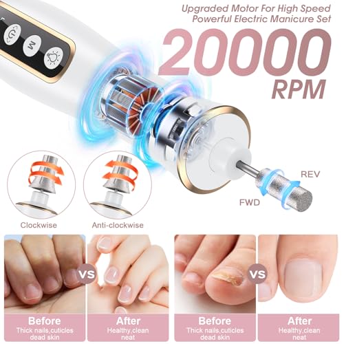 Professional Manicure Pedicure Kit, Cordless Electric Nail Drill with 360¡Æ LED light&10 Speeds, Rechargeable Pedicure Tools for feet, Hand Foot Care Nail Drill for Thick Nail Toenail Cuticle Women Men