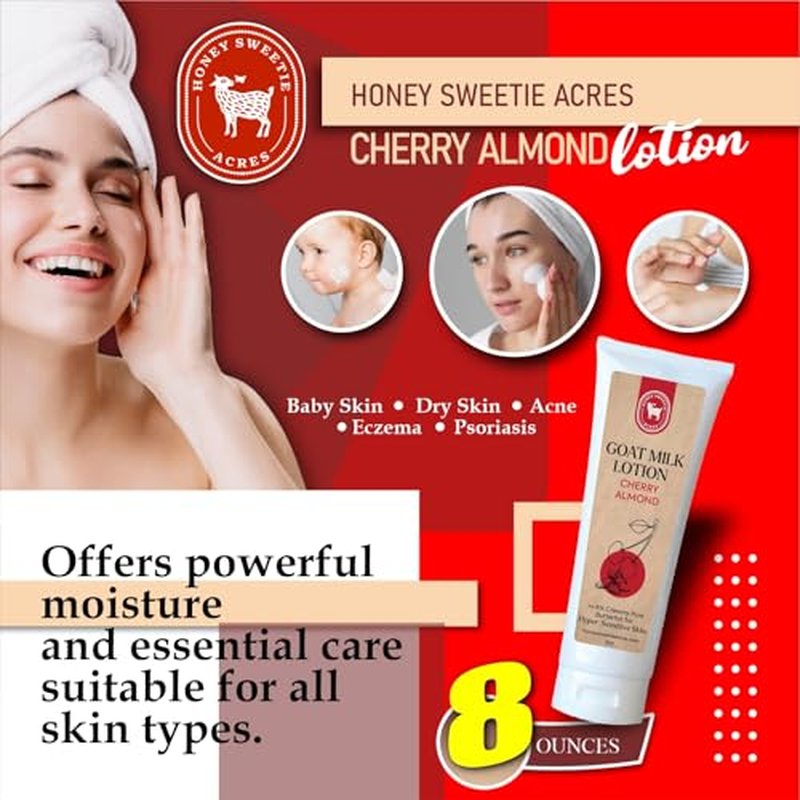 Honey Sweetie Acres Fresh Off The Goat All-Natural Goat Milk 8 oz Cherry Almond Body Lotion is a cruelty-free, handmade lotion that hydrates and moisturizes - Made in the USA