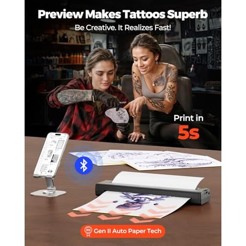 MUNBYN Tattoo Stencil Printer ITP05, Wireless Thermal Tattoo Printer with 20 Transfer Papers, Compatible with Android and iOS Phone/Tablet & PC, Tattoo Printers for Tattoo Artists & Beginners (Black)