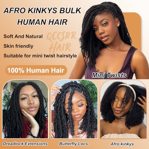 Afro Kinkys Bulk Human Hair for Braiding & Twists 12 Inch 50g/Pack, 1B Color Afro Kinkycurly Bundles Human Hair Suitable for Mini Twist, Micro Locs Extensions, Locs Repair & Various Hairstyles