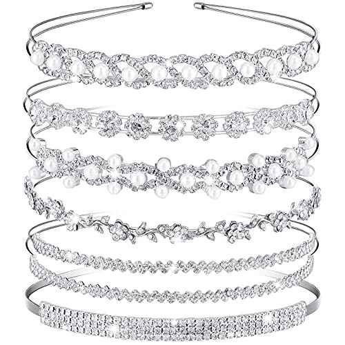 6 Pieces Rhinestones Wedding Headbands Crystal Flower Girl Leaves Crown Headband Tiara Women's Faux Pearl Rhinestones Princess Hairband Headdress for Bride Bridesmaids Wedding Party (Chic Pattern)