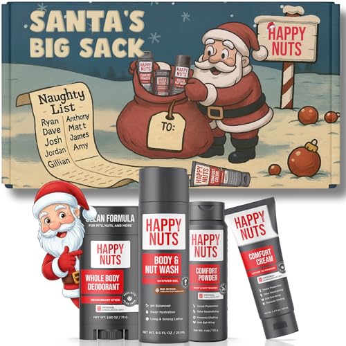 Happy Nuts Santa¡¯s Big Sack - Funny Holiday Gift Box for Men - 4-in-1 Men's Care: Comfort Cream, Hydrating Body Wash, Whole Body Deodorant Stick, Anti-Chafing Powder - Hilarious Gift Basket for Him