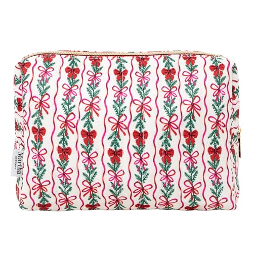 Martha Stewart Festive Quilted Makeup Bag, Compact Cosmetic Organizer for Women, Small Zipper Pouch with PVC Lining, 8.75" x 4" x 6" (Holiday Bow Stripe)