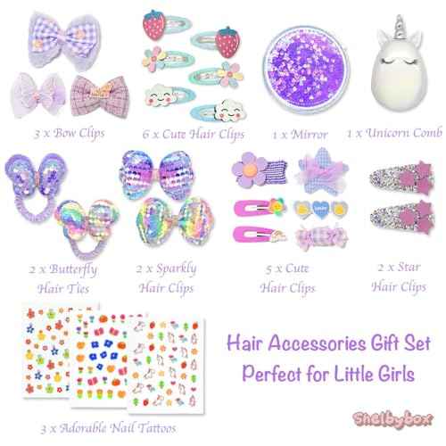 Hair Accessories Gift Set for Kids Purple Hair Clips Barrettes Ponytail Ties Bows Headbands with Mirror Unicorn Comb Gift Box for Daughter Teens Childs Little Girls