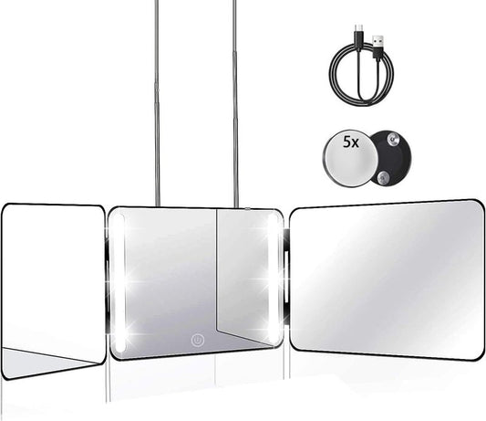 JANMPASK LED 3 Way Mirror Trifold to See Back of Head for Self Hair Cutting Barber Supplies Accessories 360 Makeup Vanity Mirror with Light