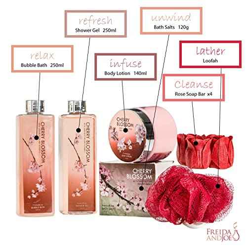 Deluxe Cherry Blossom Spa Basket - Home Spa Set with Bubble Bath, Bath Salts, Body Lotion, Bath Puff, and Rose Soaps in Wooden Curio
