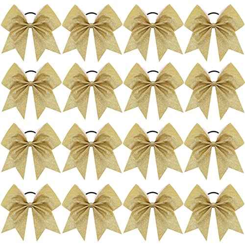 16PCS 8" Large Glitter Cheer Bows for Cheerleaders, CN Sparkly Hair Bows with Elastic Hair Ties Accessories for Teens Girls Women Cheerleading Softball Competition Sports (Gold)