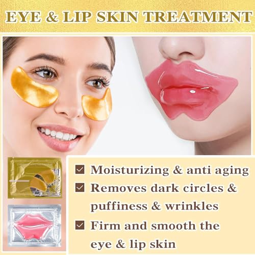 Eye Mask And Lip Mask Set, 15 Pair Gold Eye Mask And 15 Pcs Pink Lip Mask for Moisturizing, Under Eye Patches and Lip Pads,Collagen Crystal Lip Mask Set for Moisturizing