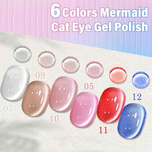 EBANKU 6Pcs 0.5Oz Cat Eye Gel Polish Set Same Color Same Bottle, Holographic Nude Pink Purple Magnetic Gel Nail Polish Kit, Soak Off UV Gel Cat Eye for Manicure Salon DIY at Home