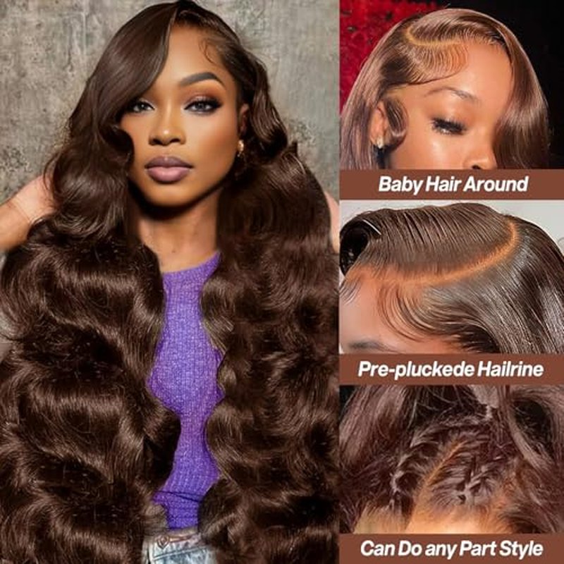 Chocolate Brown Human Hair Wig 26 Inch Brown Wig Human Hair 200 Density Body Wave Lace Front Wigs human hair Pre Plucked 13X4 HD Frontal Wig 4# Colored Glueless Wigs