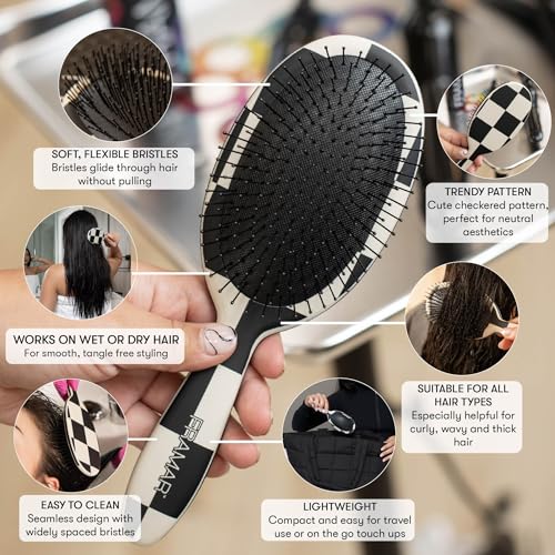 FRAMAR Checkered Print Hair Brush Detangler ? Wet Hair Brushes For Women, Womens Hair Brush, Black and White Checkered Hair Accessories, Hairbrush For Women, Cepillos Para Cabello ? Detangle Brush