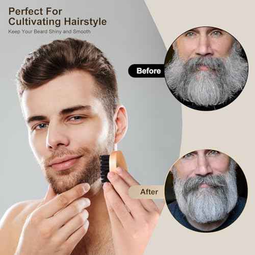 Beard Brush and Comb Set for Men - Straight Edge Razor and Shaving Scissors, Natural Boar Bristle, Dual Action Wood Comb, Travel Pouch - Great for Grooming Beards and Mustaches