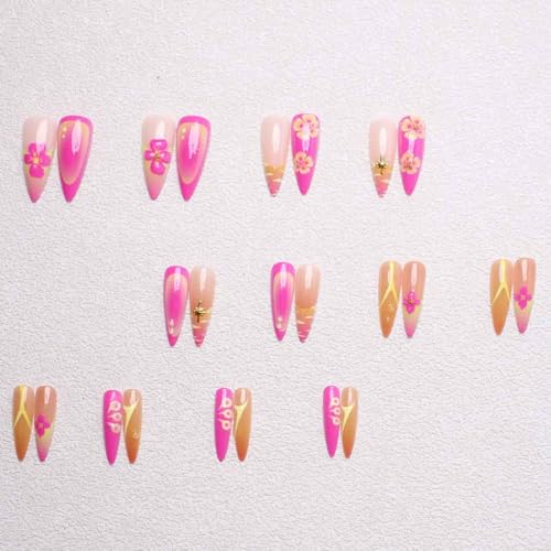 Long Press on Nails Almond Fake Nails White French Tip False Nails with 3D Flower Design Glue on Nails Acrylic Nails Glossy Full Cover Stick on Nails for Women 24Pcs