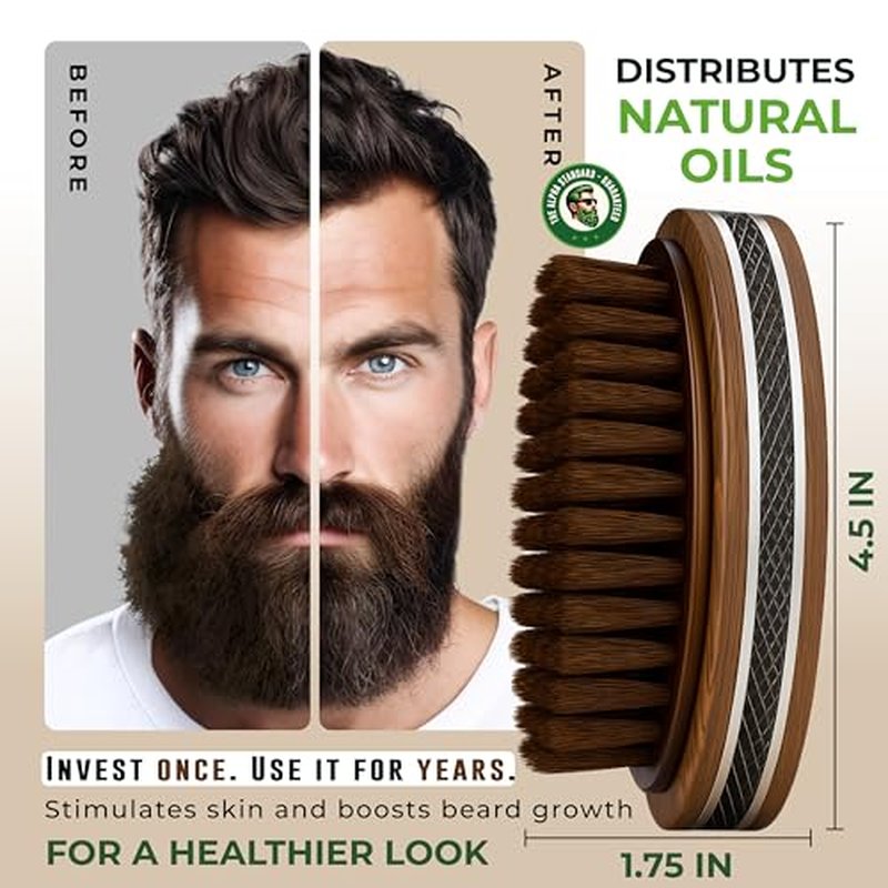 Premium Handmade 4.5" Boar Bristle Beard Brush for Men ? Natural Walnut Wood & Non-Slip Rubber Grip ? Men¡¯s Grooming Brush for Short, Medium & Long Beards ? Mustache & Beard Care Tool ? Alpha Organics