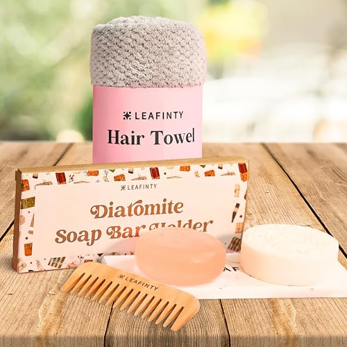 Bath Set for Women Christmas Beauty Spa Relaxation Kit: Includes Rice Shampoo Bar, Body Wash Bar, Soap Bar Holder, Wide-Tooth Hair Comb, and Microfiber Hair Towel ? Perfect Bath Xmas Gifts for Women