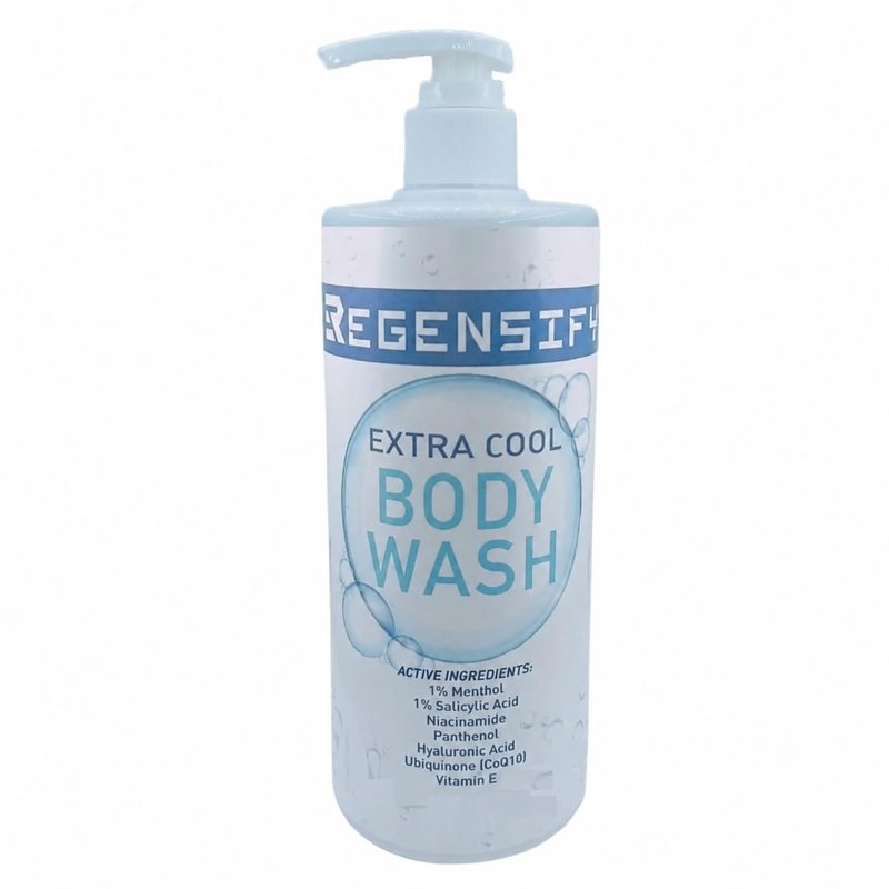 REGENSIFY Red Acne Extra Cool Body Wash 500 ml (17 Fl Oz) [1% Menthol, 1% Salicylic Acid, Niacinamide, Panthenol, Hyaluronic Acid, Coenzyme Q10, Vitamin E] - Anti Aging, Hydrating, Icy Shower Gel
