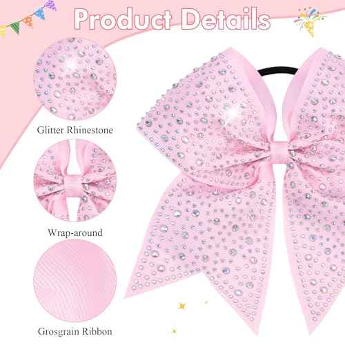 CN 10PCS Rhinestones Cheer Bows for Cheerleaders, Pink Glitter Hair Bows for Girls Large Elastic Ponytail Holder, Hair Accessories for Women Teens for Softball Competition School Spirit
