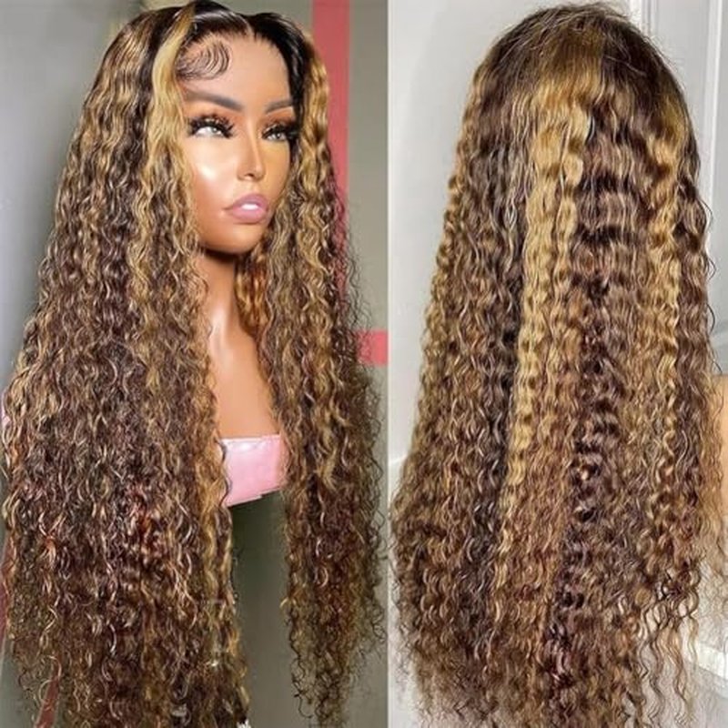 13x6 Highlight Lace Front Wig Human Hair 4/27 Ombre Deep Wave Lace Front Wig Human Hair Pre Plucked With Baby Hair 180% Density Honey Blonde Curly Human Hair Glueless Wigs for Women (22 inch)