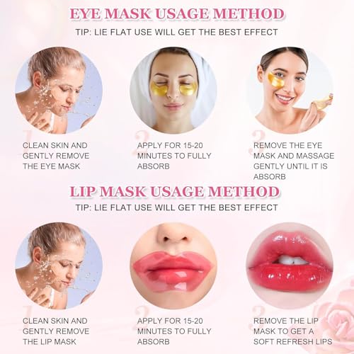 Eye Mask And Lip Mask Set, 15 Pair Gold Eye Mask And 15 Pcs Pink Lip Mask for Moisturizing, Under Eye Patches and Lip Pads,Collagen Crystal Lip Mask Set for Moisturizing