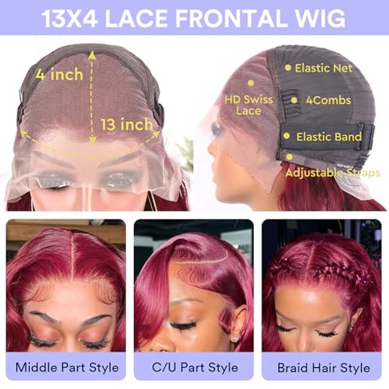 28 Inch 99j Burgundy Lace Front Wigs Human Hair 13x4 HD Red Burgundy Wig Human Hair 200 Density Wine Red Body Wave Lace Front Wigs Pre Plucked Glueless Frontal Wigs for Women