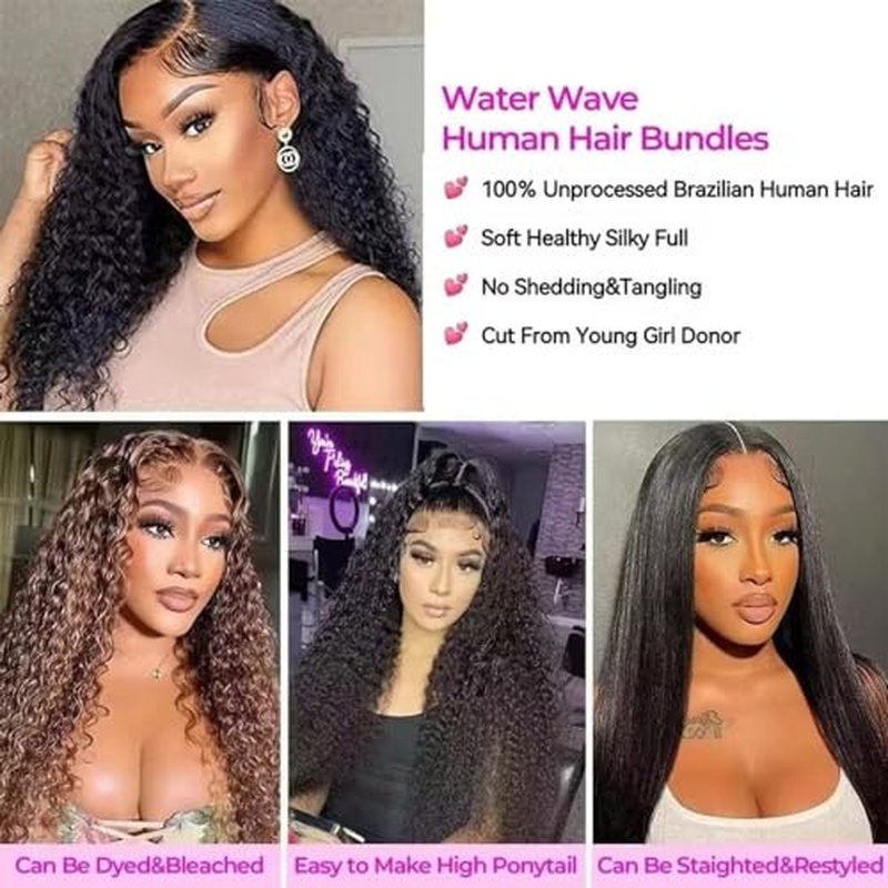 Yavida Water Wave Human Hair Bundles Wet and Wavy Bundles Human Hair Brazilian Unprocessed Remy Hair Water Wave Weave Extensions 16 18 20 Inch Natural Black