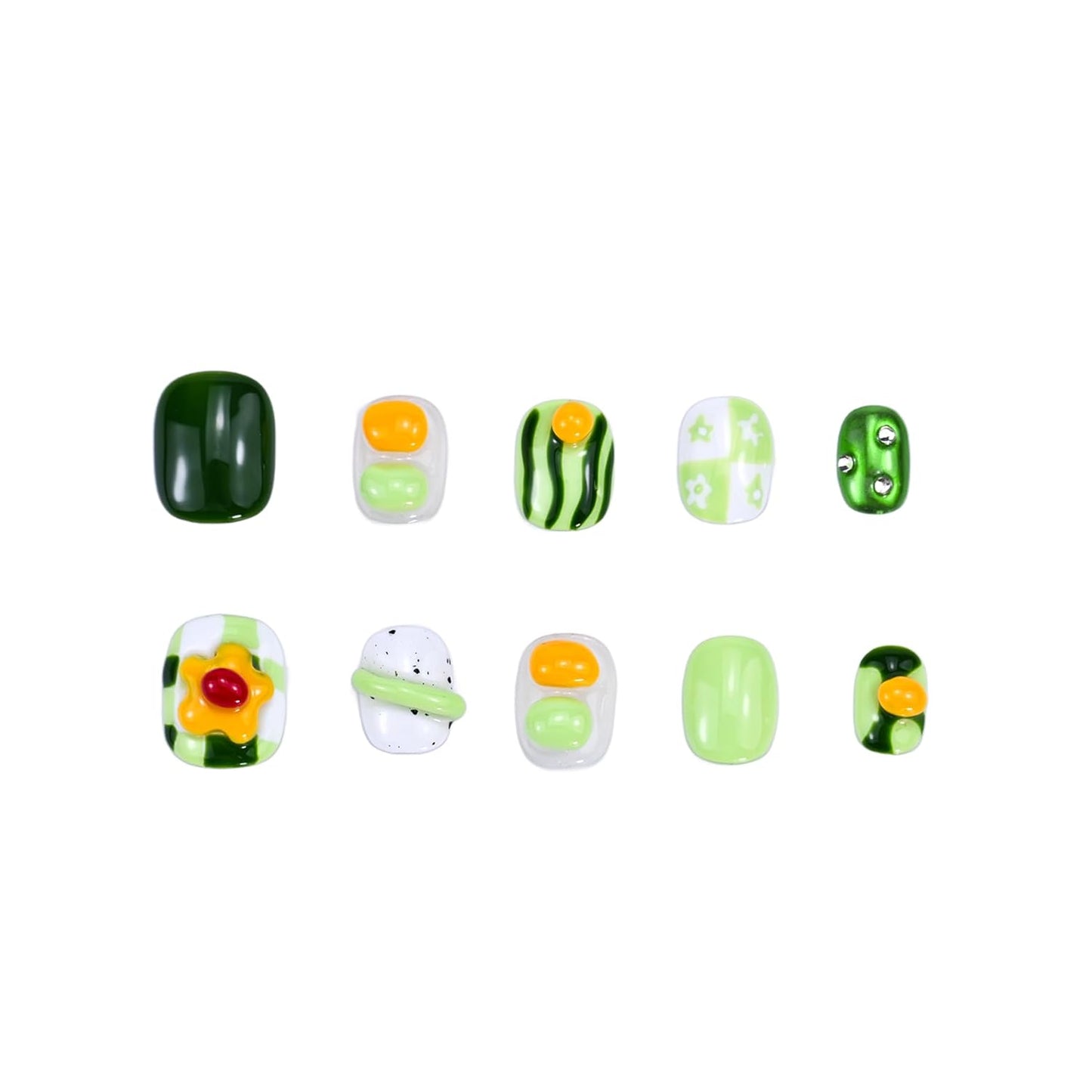 Short Press On Nails - Avocado Color Fruit Nail Art | Handcrafted Reusable Manicure Set for Women