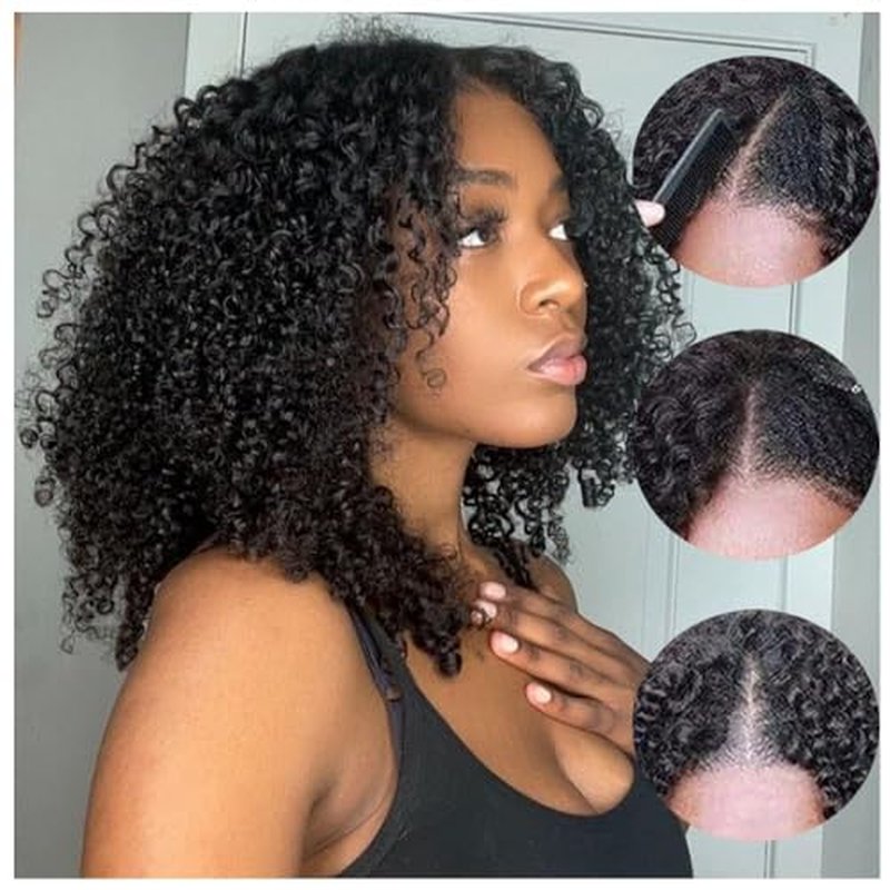 Glueless V Part Wigs Human Hair Afro Kinky Curly Upgrade U Part Wigs for Black Women Kinky Curly V Part Human Hair Wigs Full Head Clip In Half Wig 200% Density 20 Inch