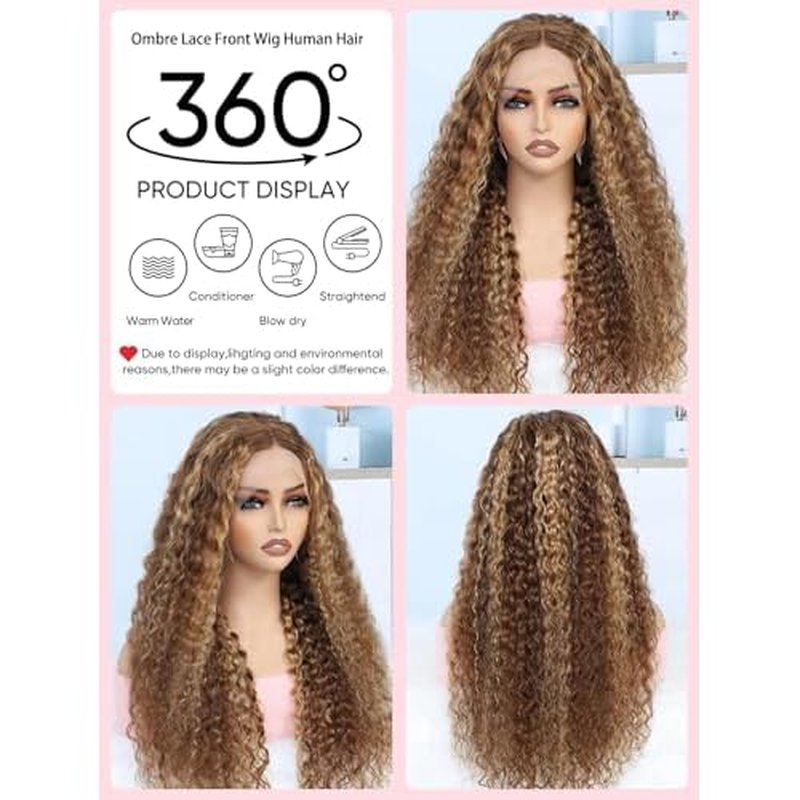 NOELLA Highlight 13x6 HD Lace Front Wigs Human Hair 20 Inch Honey Blonde Ombre Water Wave Lace Frontal Human Hair Wigs 210% Density Wet and Wavy Highlighted Curly Glueless Wig For Black Women