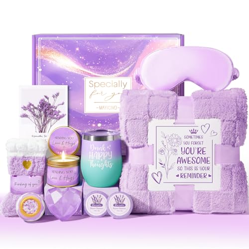 Christmas Birthday Gifts for Women, Self Care Get Well Soon Gift Baskets for Women, Lavender Relaxing Spa Gift Care Package w/ Blanket, Unique Gifts Idea for Mom Her Wife Girlfriend Best Friend Sister