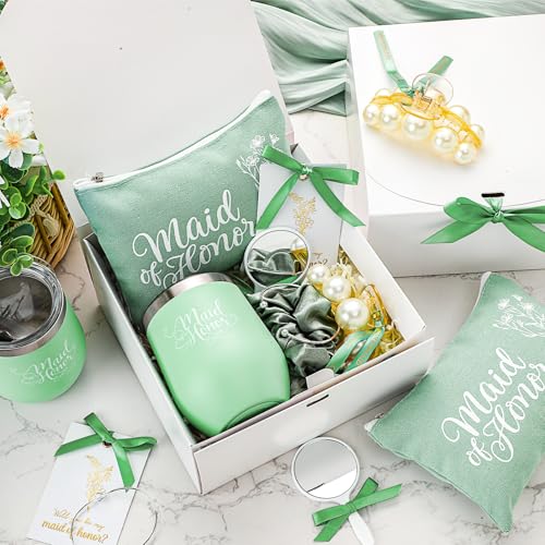 48 Pcs Bridesmaid Proposal Gifts Maid of Honor Proposal Gift Include Box Tumblers Makeup Bag Scrunchie Hair Clip Bracelet Card Mirror for Bridal Shower Bachelorette Party(Green)