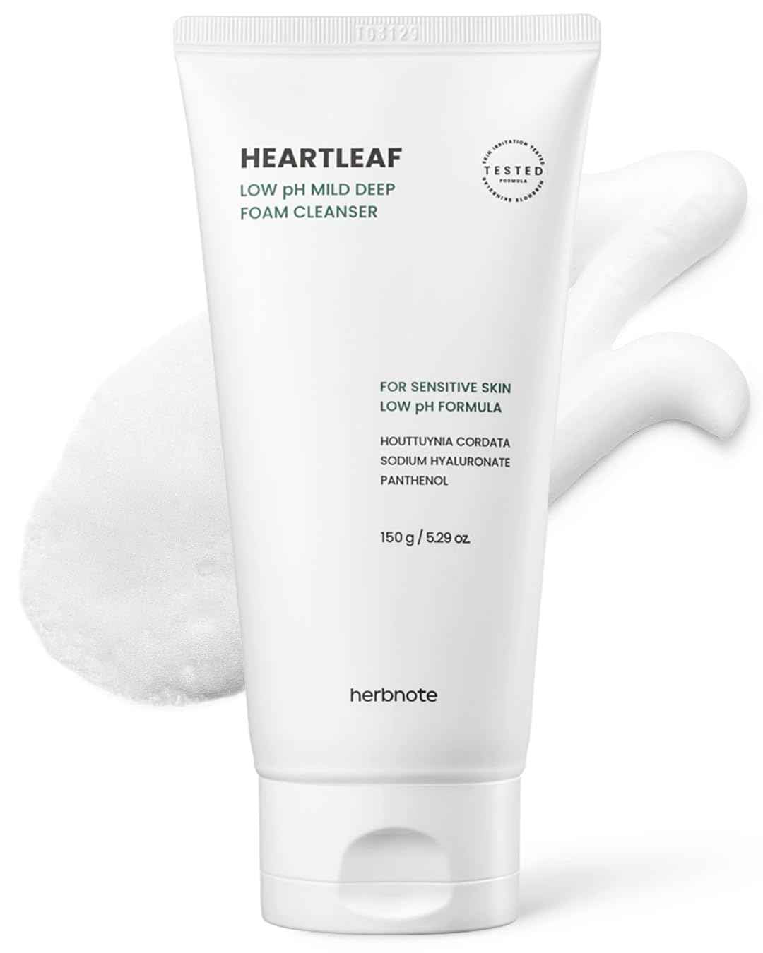 herbnote Heartleaf Low pH Deep Foam Cleanser - Gently Removes Sebum, Deep Cleans Pores - Contains 80% Houttuynia Cordata, Hyaluronic Acid, Soothes and Enhances Sensitive Skin, 5.29oz.
